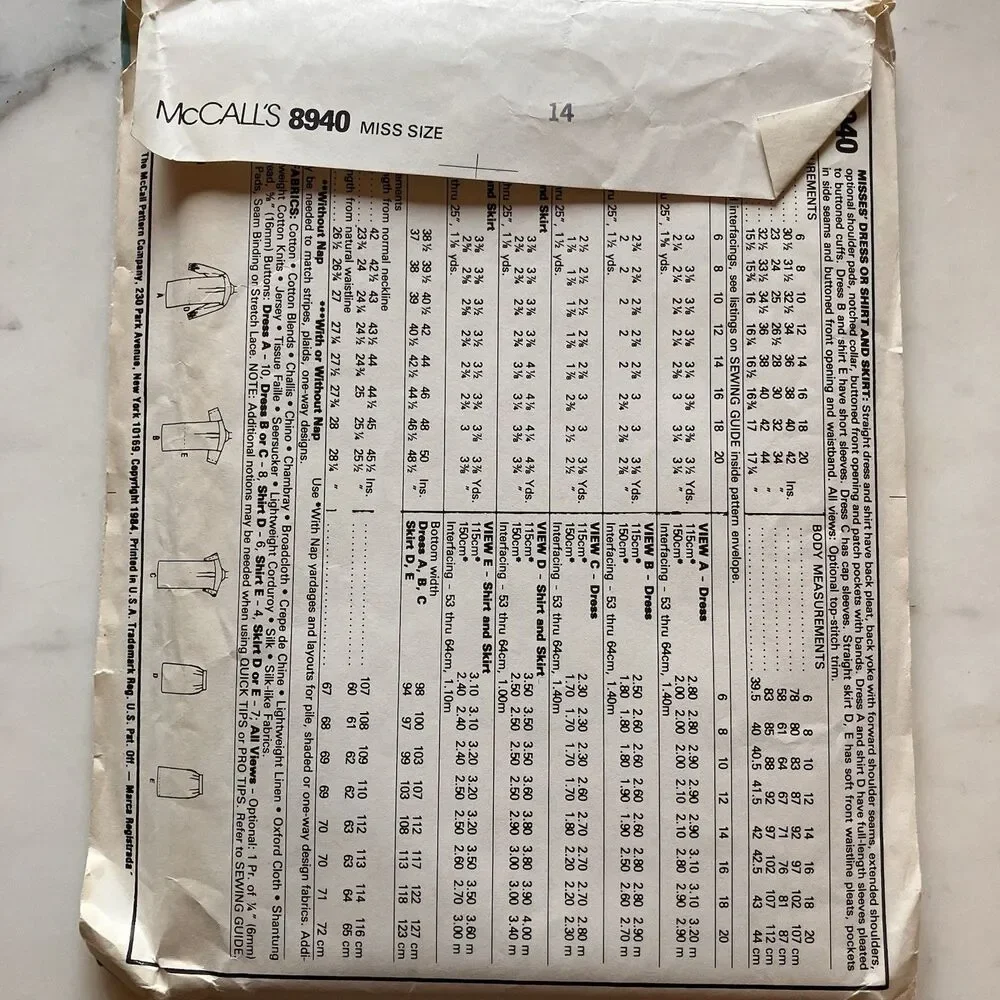 Vintage McCall’s Pattern 8940 Women’s Favorite Dress Shirt & Skirt Size 14 Uncut